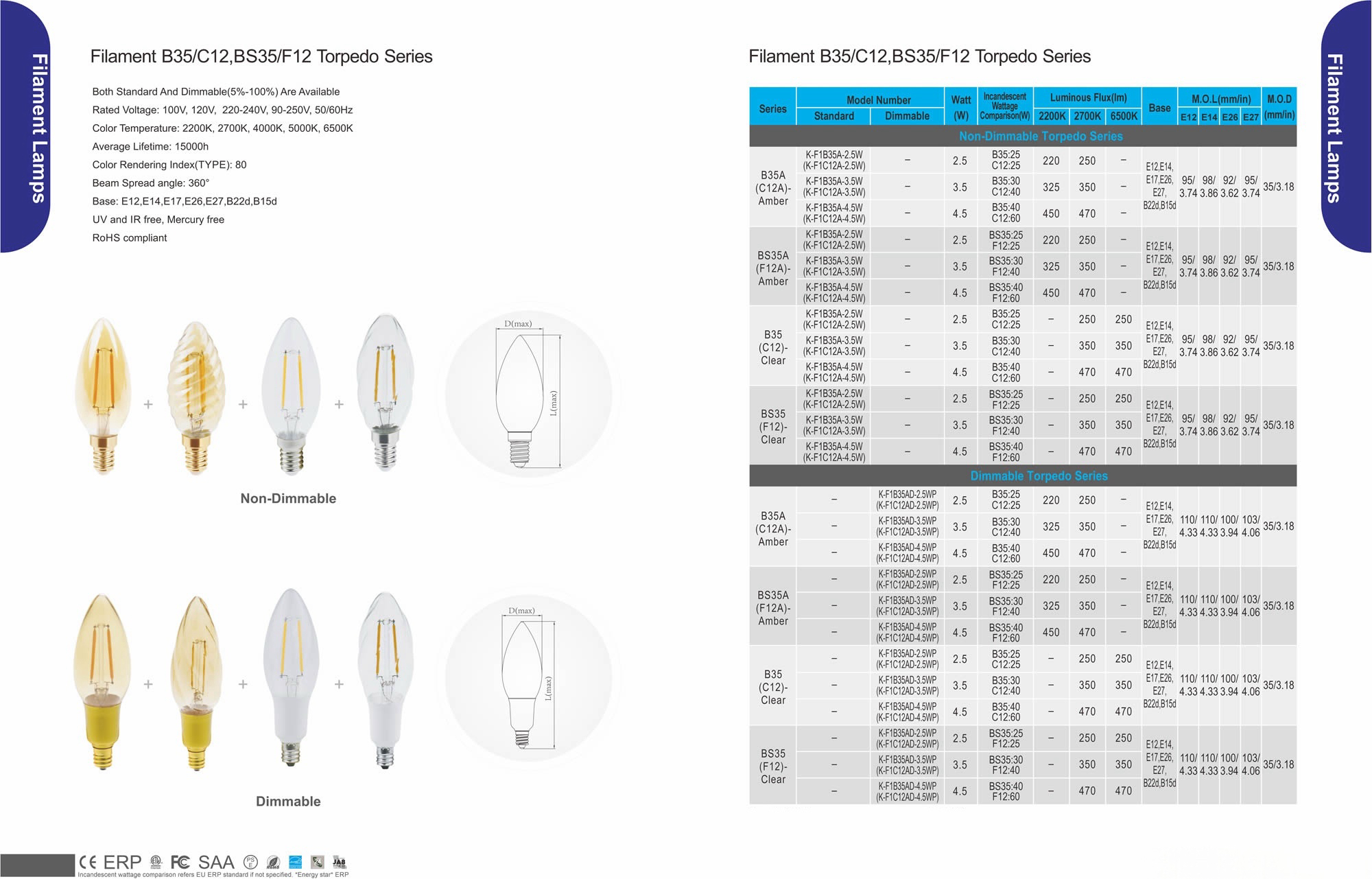 Filament B35/C12,BS35/F12 Torpedo Series