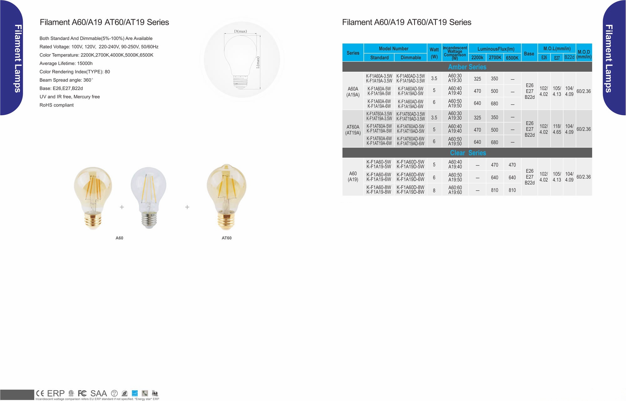 Filament A60/A19 AT60/AT19 Series