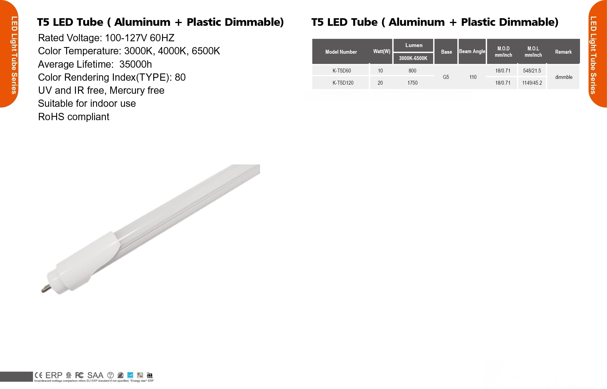 T5 LED Tube（Aluminum+Plastic Dimmable)