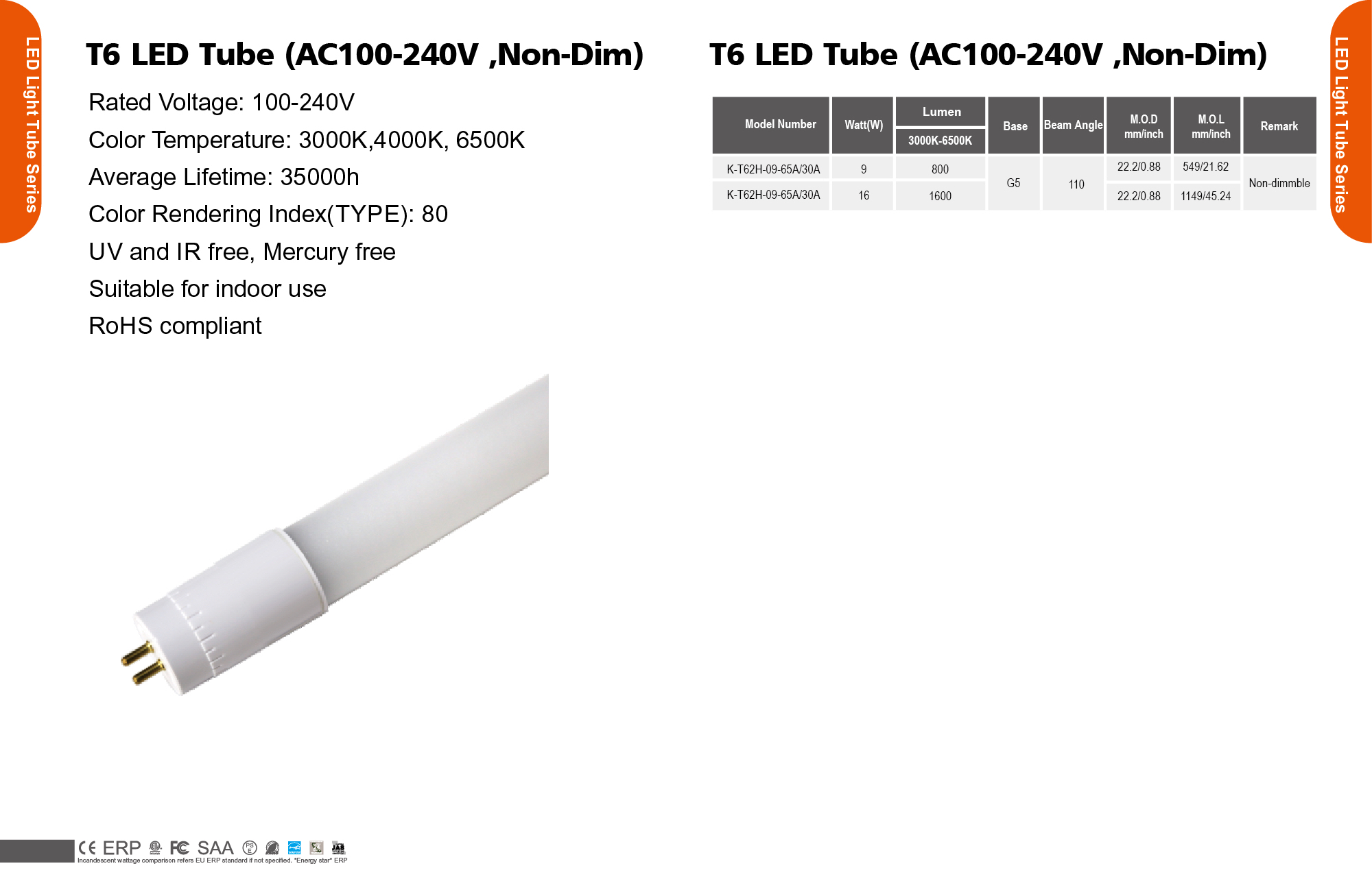 T6 LED Tube (AC100-240V ,Non-Dim)